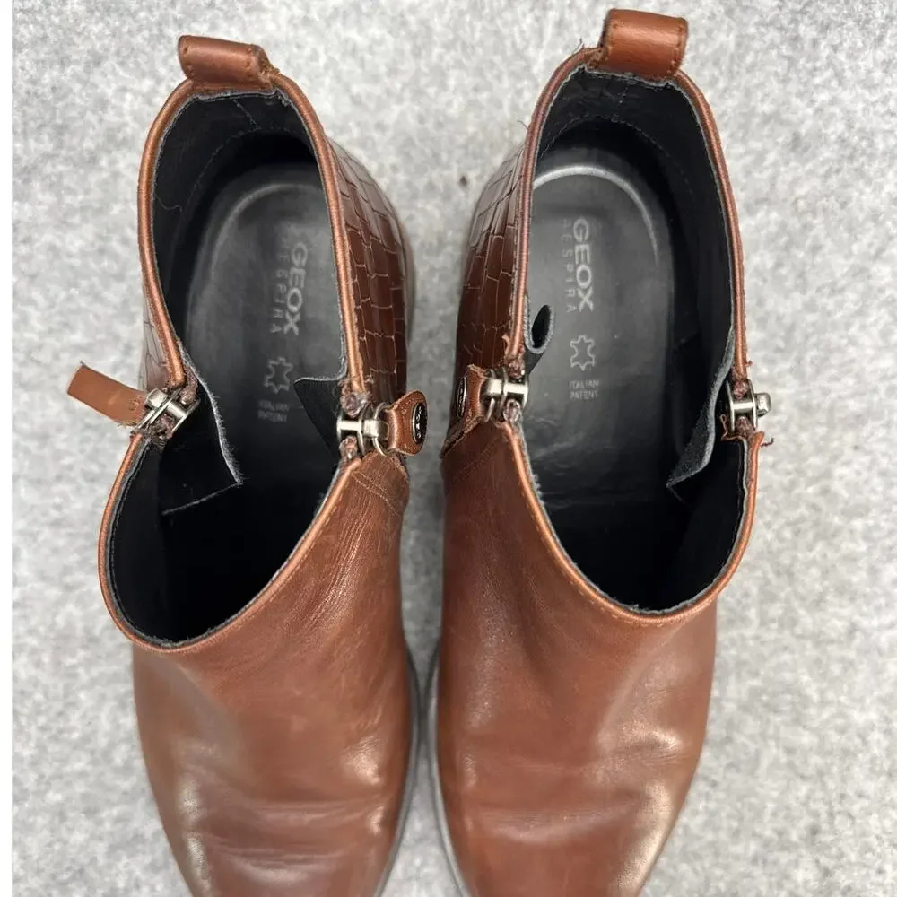 Geox D Resia C Brown Leather Croc Embossed Block Heel Ankle Boot Women 38/7.5-8